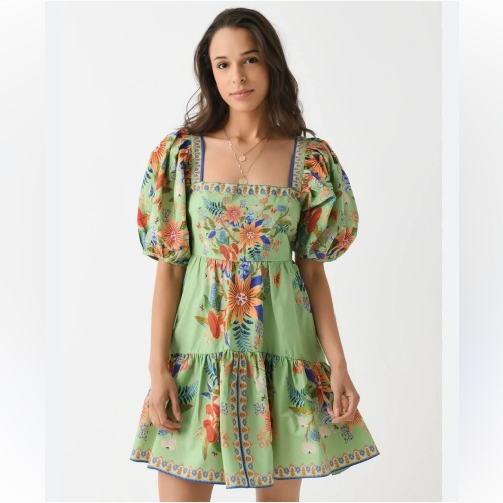 FARM Rio Green Floral Puff-Sleeve Mini Dress - Picture 8 of 16